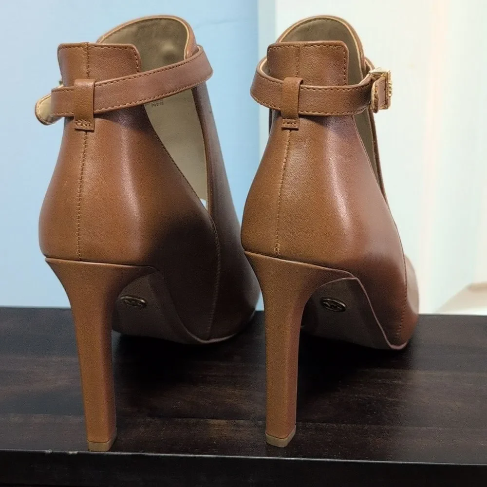 Michael Kors Lawson Leather Strappy Buckle Brown Peep-Toe Boots Size 6.5M NEW
